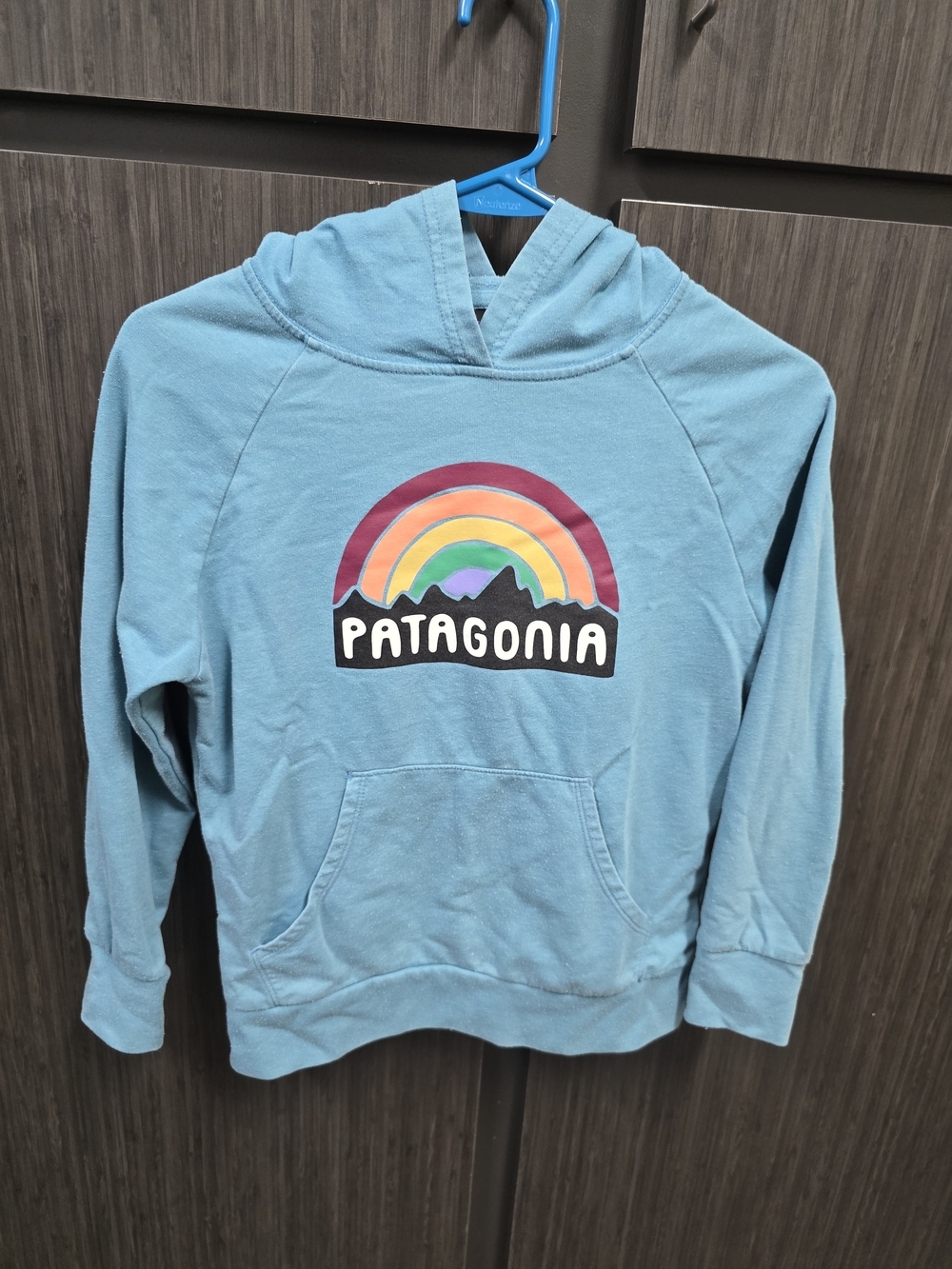 Patagonia Kids Medium Rainbow Mountain Hoodie Blue Teal Pullover Sweatshirt